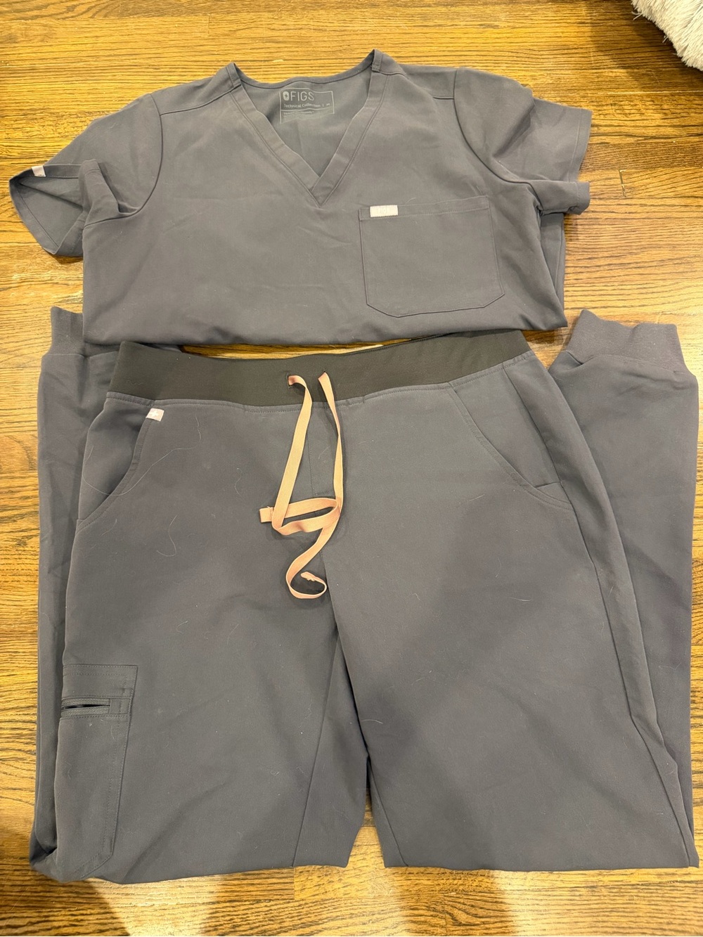 Figs Women's Charcoal Gray Scrub Top and Joggers with Peach Drawstring